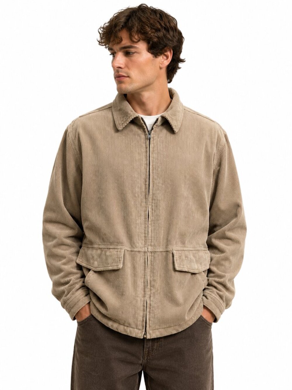 VTG Pierre Cardin Tan Wide Wale Corduroy Zip Jacket Plaid Lined Men M